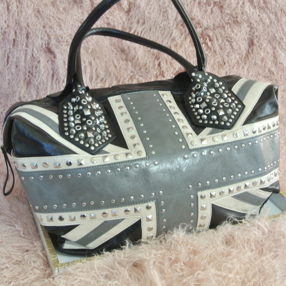 Large Black Grey Faux Leather Silver Stud Tote Bag